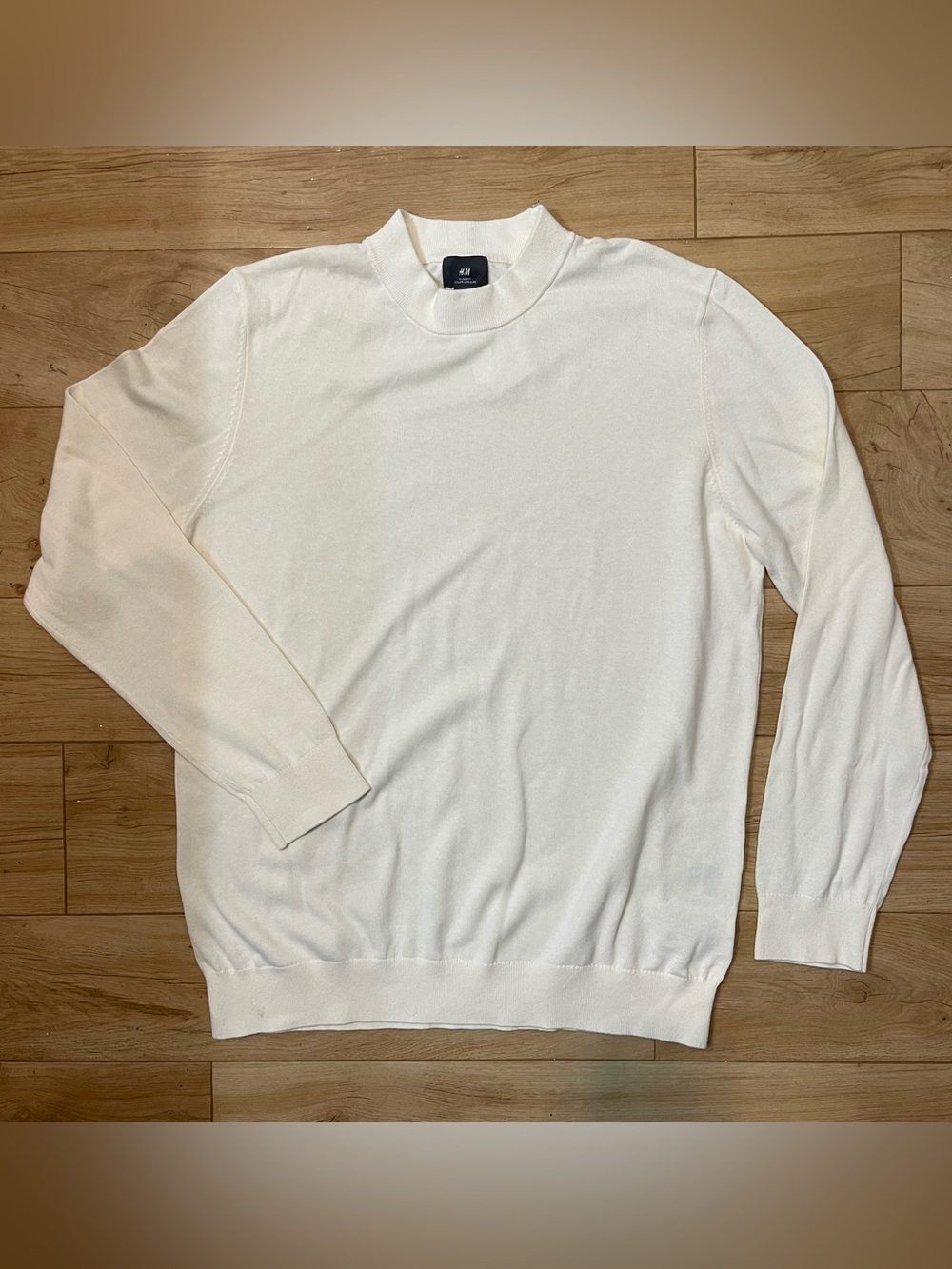 H&M Men's Cream Solid Knit Crew Neck Slim Fit Pullover Sweater Long Sleeve L